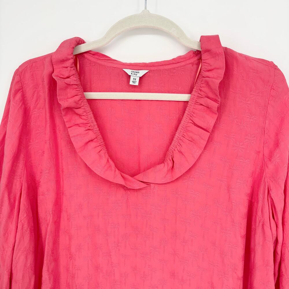 Crown & Ivy Coral Pink Ruffle Jacquard Palm Tree 3/4 Sleeve Top Size 3X - Picture 2 of 6
